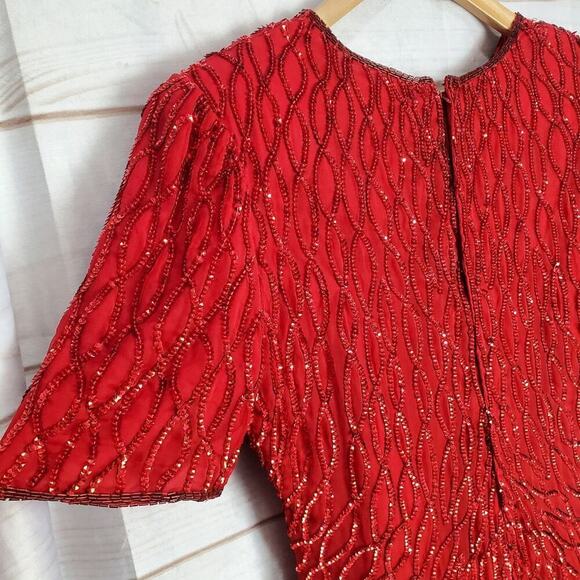 Vintage Laurence Kazar Dress Women Large Red Sequin 80s Beaded Silk Evening Glam - Picture 10 of 13